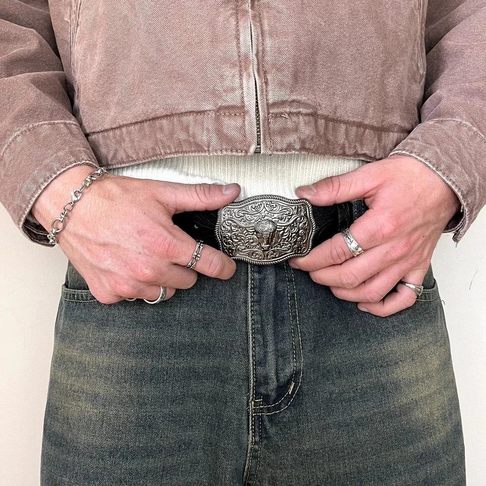 black american western cowboy silver bull design belt